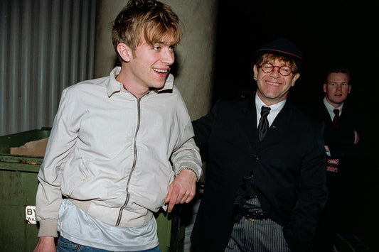 Damon Albarn and Elton John lean on a bin 1995 - for Blur Lovers!